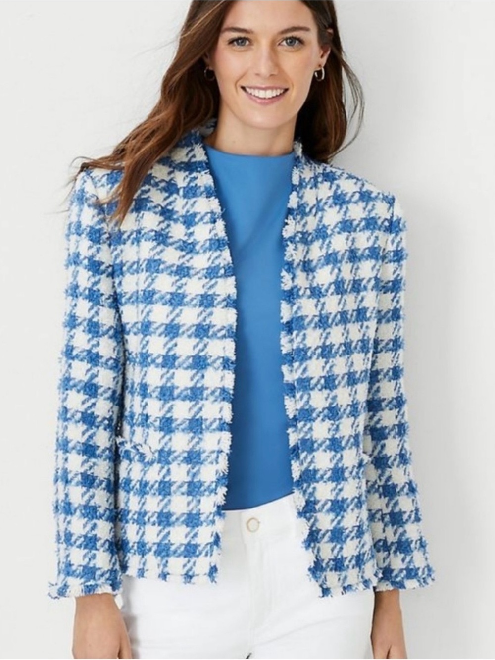 Cute! 💎Ann Taylor Blue & White Houndstooth Bouclé Collarless Blazer💎